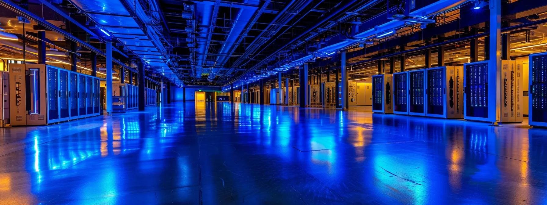 a dynamic, high-speed server room illuminated by cool blue lights, showcasing sleek, powerful servers that symbolise the critical role of fast web hosting in enhancing seo performance.