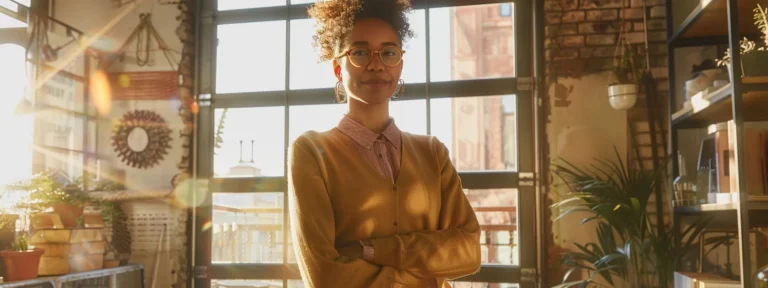 a determined entrepreneur stands confidently in a sunlit co-working space, surrounded by vibrant ideas and innovative tools, embodying the spirit of embarking on a transformative side business journey.