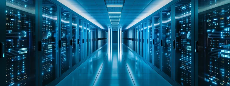 a sleek, futuristic data centre fills the frame, bathed in cool blue and white lighting, showcasing rows of powerful cloud vps servers humming silently amidst a backdrop of digital displays and high-tech infrastructure.
