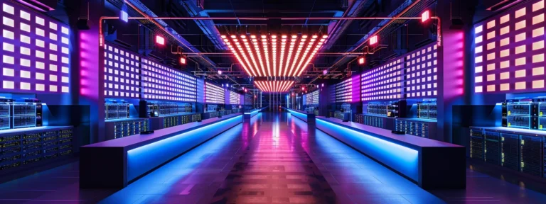 a futuristic data centre illuminated by vibrant led lights displays rows of powerful cloud servers, each housing intricate circuitry and glowing indicators within a sleek, high-tech environment.