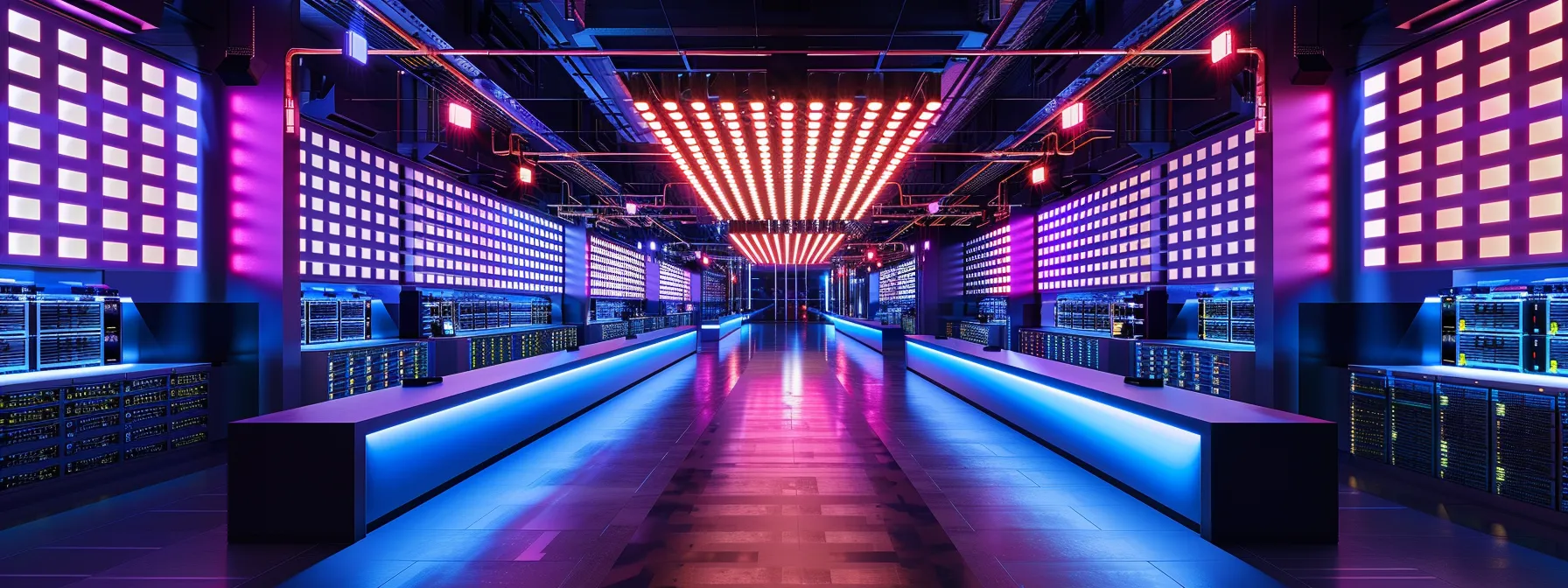 a futuristic data centre illuminated by vibrant led lights displays rows of powerful cloud servers, each housing intricate circuitry and glowing indicators within a sleek, high-tech environment.