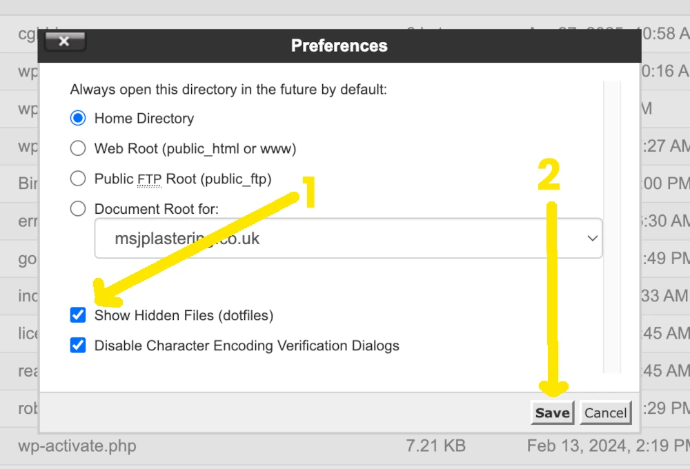 cPanel file manager show hidden files