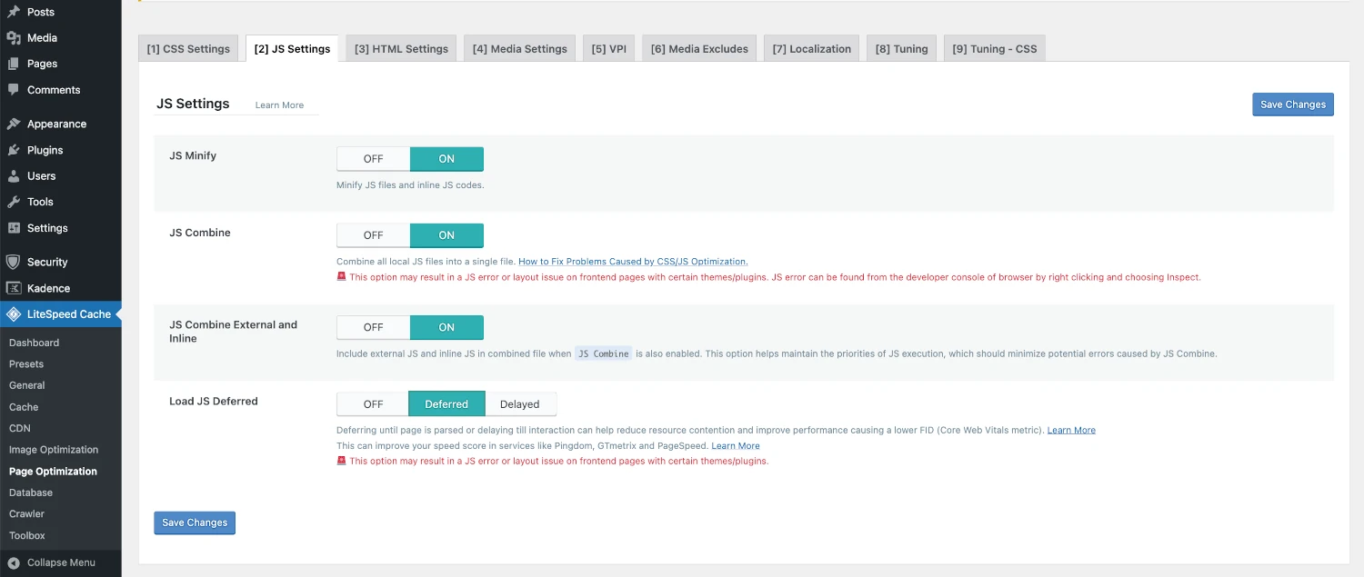 litespeed cache wordpress eliminate render blocking js
