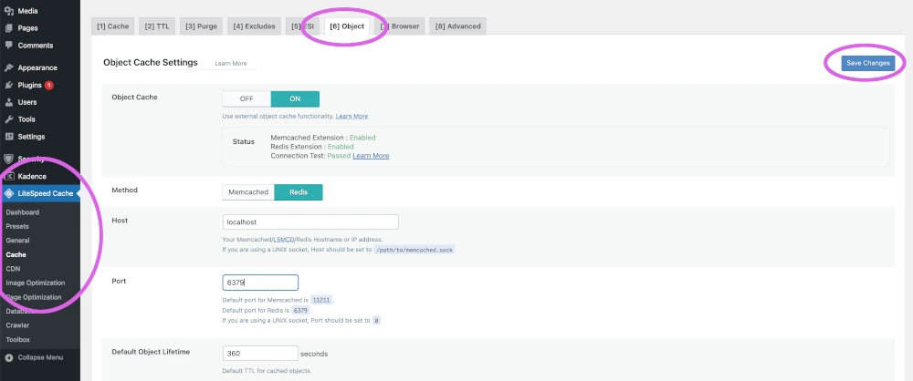 litespeed cache enable object cache wordpress