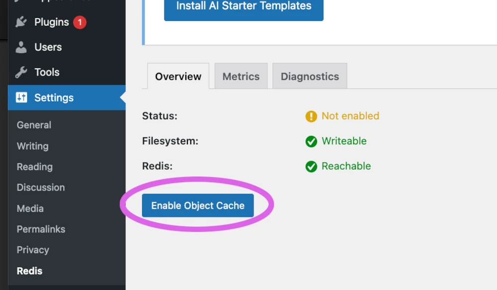 redis object cache plugin settings for wordpress