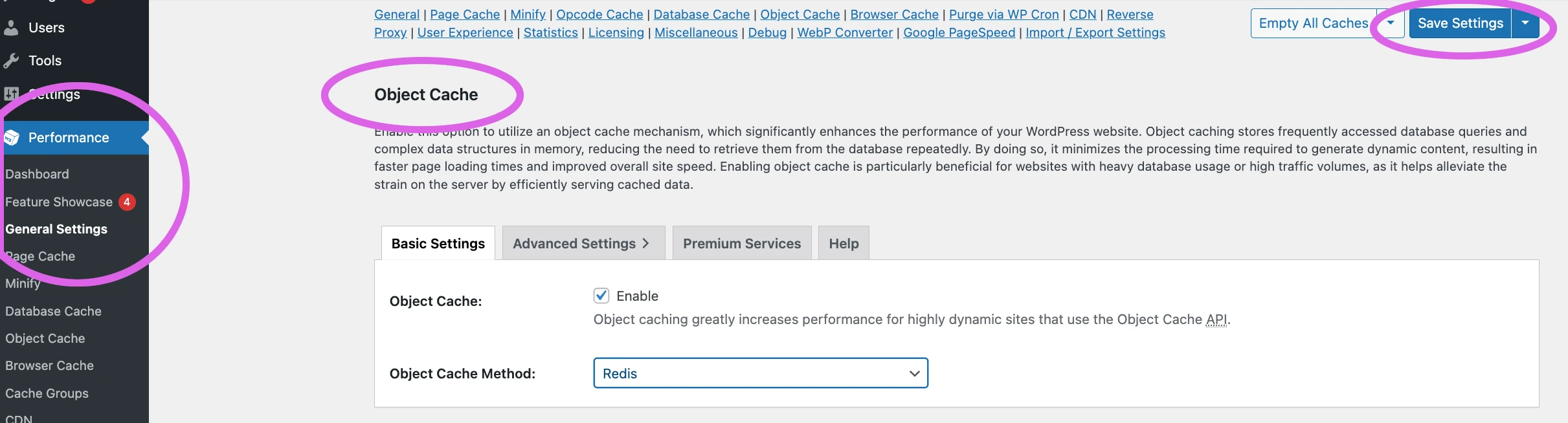 w3 total cache plugin object cache settings