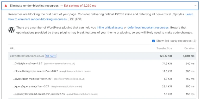WordPress eliminate render blocking resources