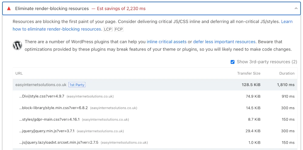 WordPress eliminate render blocking resources