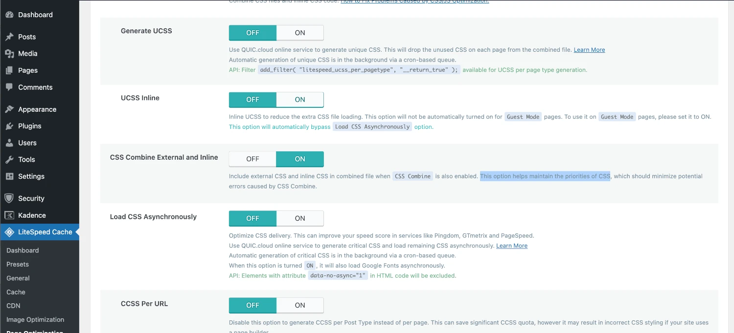 combine external and inline css litespeed cache wordpress