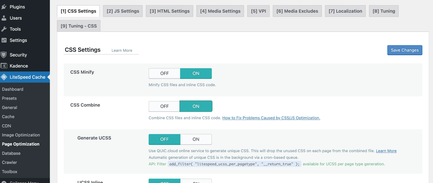 enable css minify nd combine for wordpress using litespeed cache