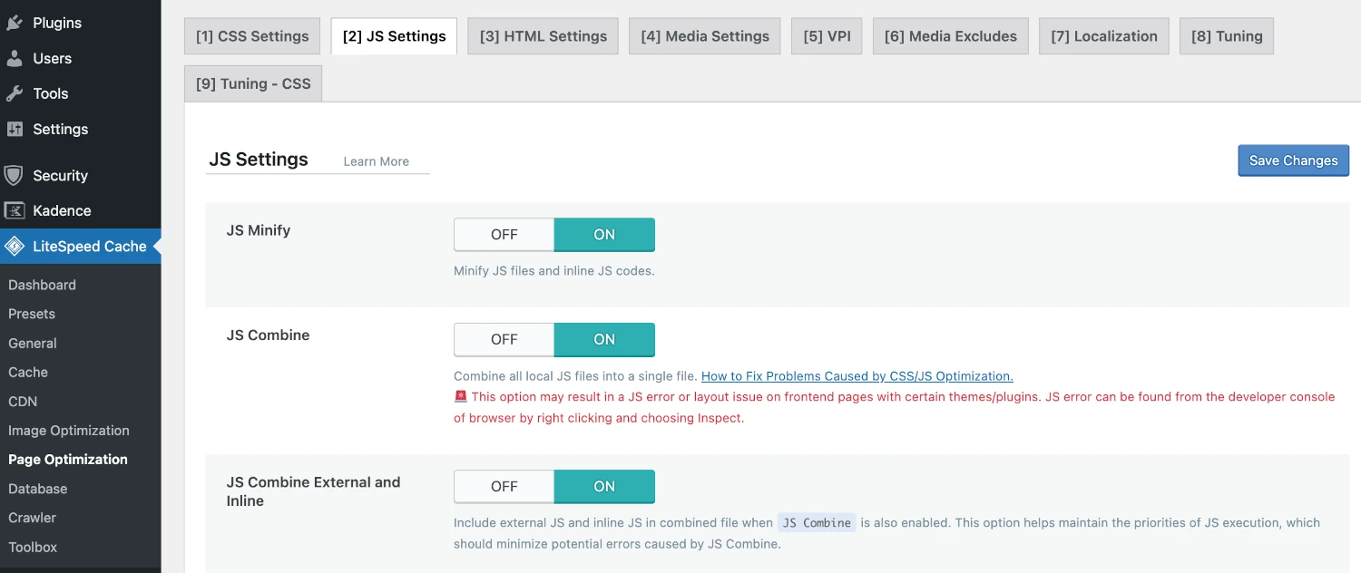 enable js minify and combine for wordpress using litespeed cache