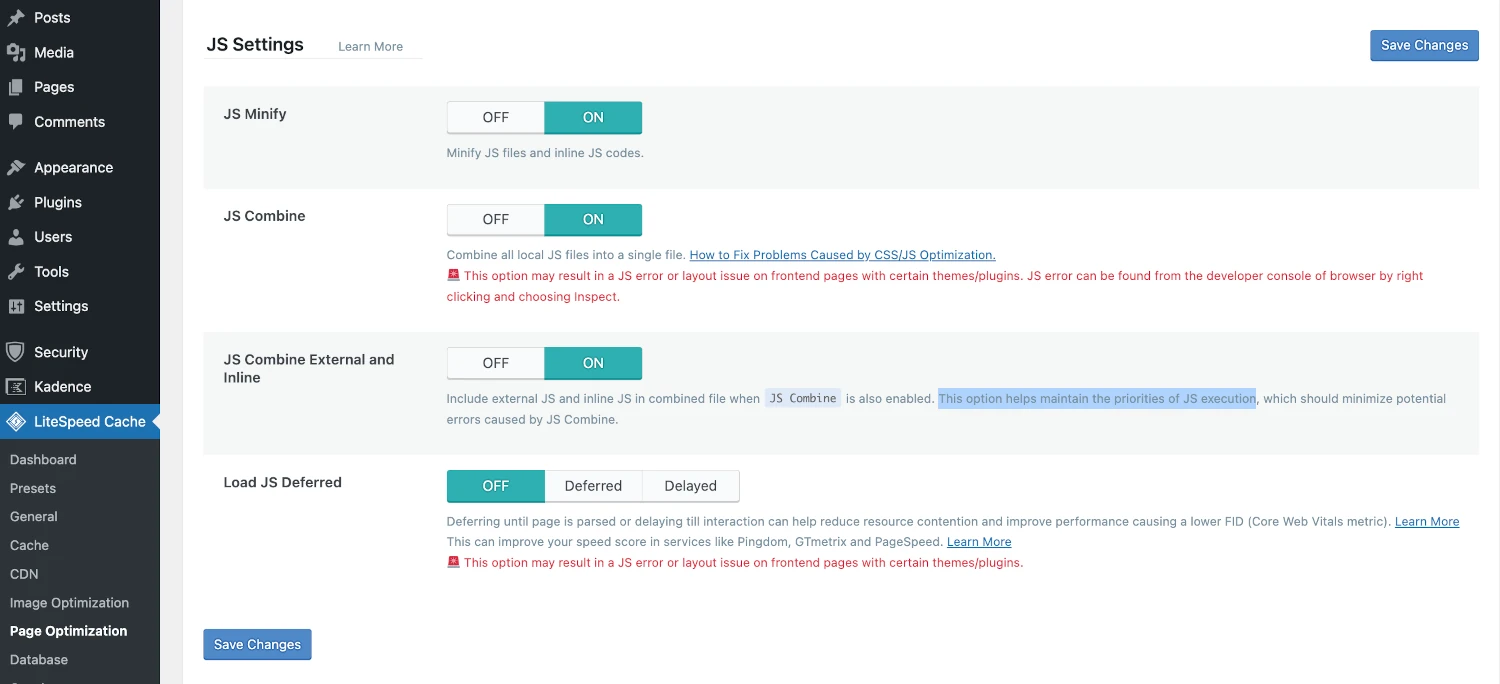 js combine external and inline litespeed cache wordpress