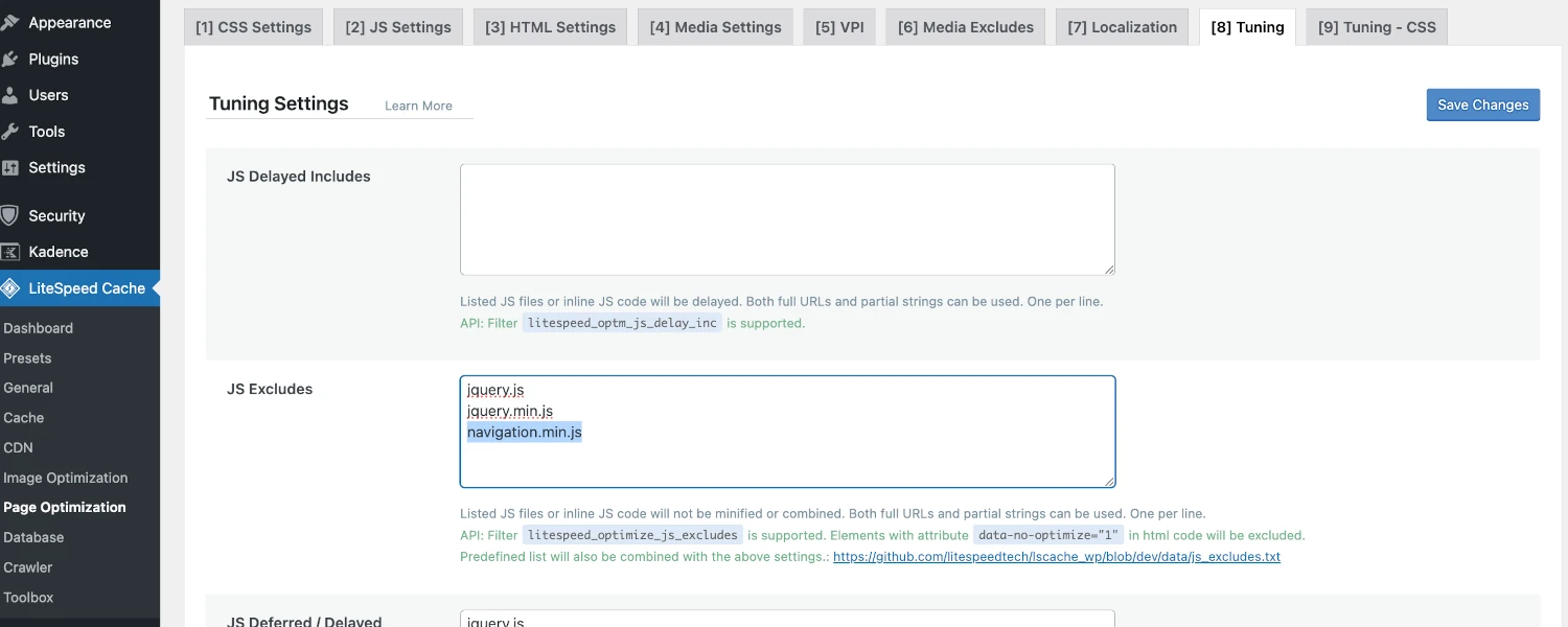 litespeed cache js exclude wordpress