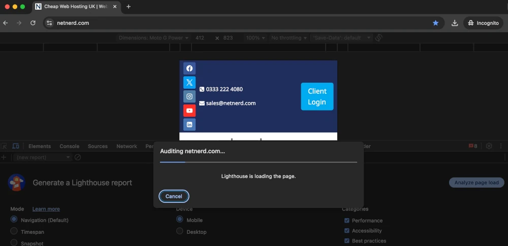 Chrome lighthouse report running