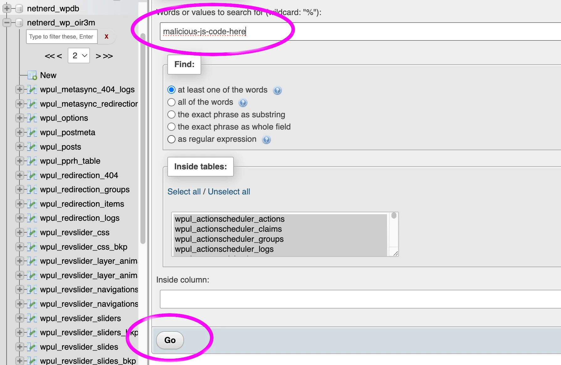 search database using phpmyadmin