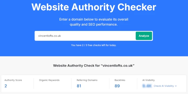 vincentlofts.co.uk domain authority