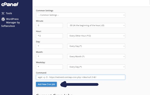 cpanel cron jobs specify command and create